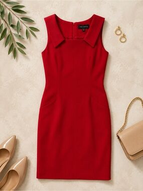 Pink Tartan Red Sleeveless Size 6 Midi Shift Dress with Collar & Pockets